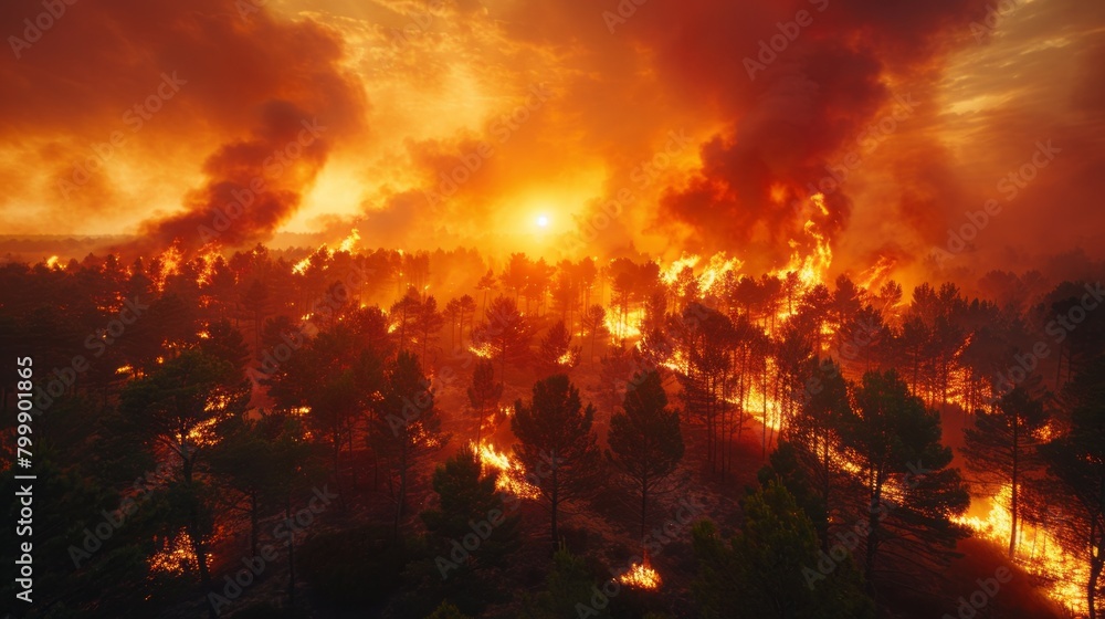 A wildfire spreading through a forest, Flames engulfing trees and vegetation