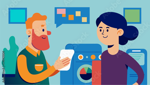 An artist gets inspiration for their next project from an unexpected conversation with a fellow laundromat patron.. Vector illustration