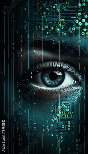 A close up of a woman's eye with a circuit board pattern overlay.