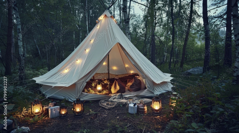 Big white tent in the forest with camping equipment and lanterns. Taken in the evening with an overcast sky. Big white tent in the forest with camping equipment and lanterns. Taken in the evening with an overcast sky.