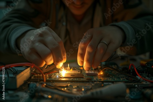 Close-up of hands repairing an electronic board photo