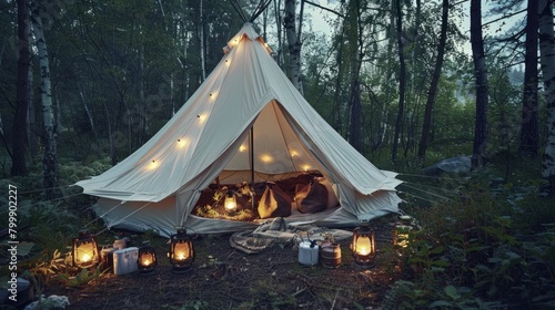 Big white tent in the forest with camping equipment and lanterns. Taken in the evening with an overcast sky.