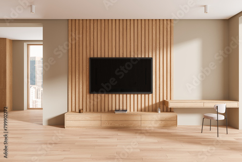 Photography Wooden hotel interior with workspace, tv display and panoramic window