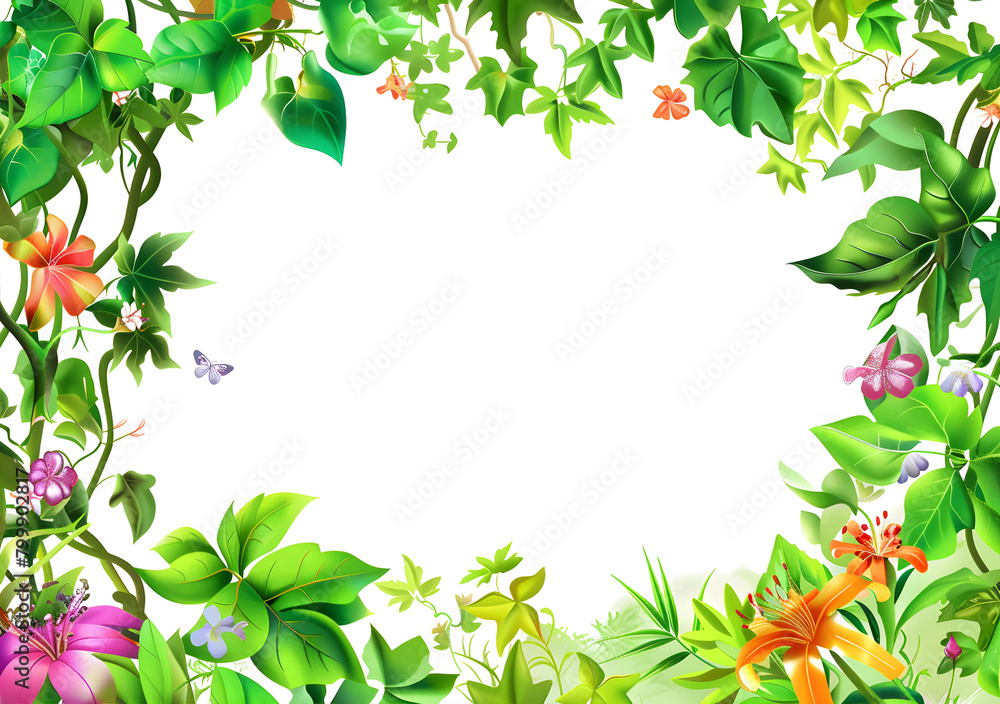 a border background with flowers against a green leaf background