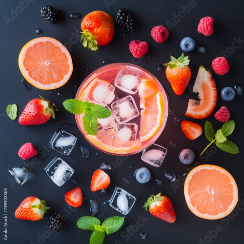 Summer Drinks  top down aerial view of cold drinks and smoothies with fruits  berries  mint leaves  and ice cubes. Beautiful  bright  colourful  cool style for summer drinks menu  banner  poster  etc.