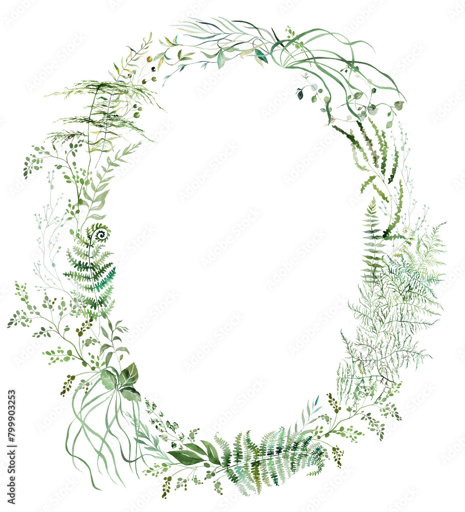 Oval frame with Watercolor fern twigs with green leaves isolated illustration, botanical wedding