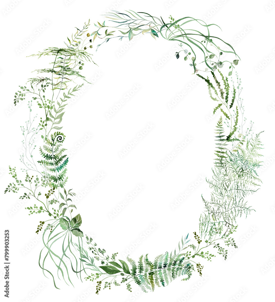 Oval frame with Watercolor fern twigs with green leaves isolated illustration, botanical wedding Oval frame with Watercolor fern twigs with green leaves isolated illustration, botanical wedding