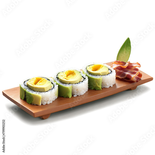Breakfast sushi rolls with sushi rice wrapped around scrambled eggs crispy bacon and avocado served