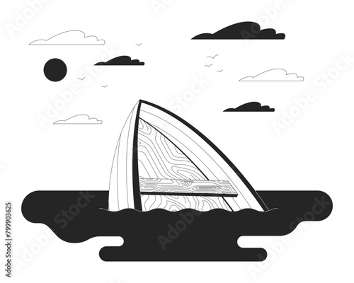 Drowning boat on river black and white cartoon flat illustration. Vessel accident on water 2D lineart objects isolated. Danger of ship sinking awareness monochrome scene vector outline image