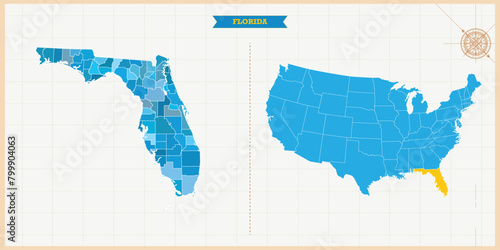 A Map highlighting Florida in the USA Map, Florida and USA modern map with Colorful Hi detailed Vector, geographical borders