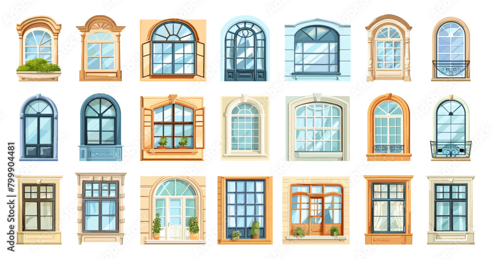 Cartoon Different Plastic Windows Set. Light casement Flat Isolated Vector Symbols, Various Window Design Elements