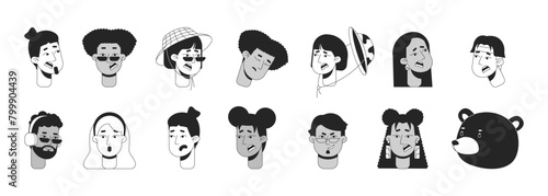 Diverse people and bear black and white 2D vector avatars illustration set. Emotions expression and animal outline cartoon character faces isolated. Looks flat user profile images collection portraits