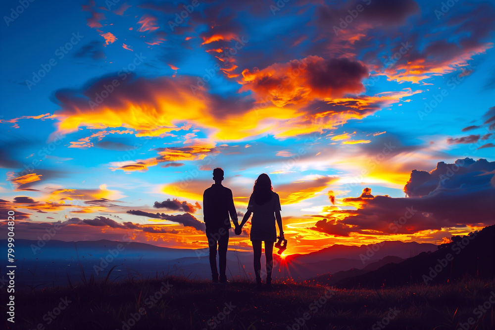 Silhouette of couple holding hands while dramatic sunset sky with beautiful clouds. Traveling and vacation concept.