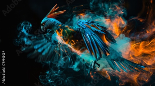 Photo of a fire bird Blue color isolated on black wide angle lens