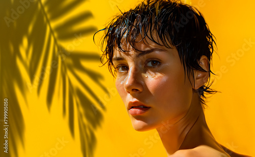 Cosmetic Young Woman Model with natural makeup sparkling eyes with short wet hair on isolated yellow background for E-commerce, Online Sales, Advertising, and Promotion, Marketing, Advertising Product