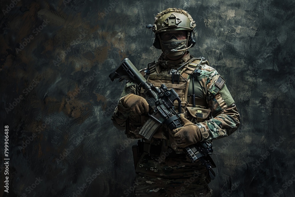 Fototapeta premium Special forces soldier with assault rifle against dark gray wall, tactical readiness