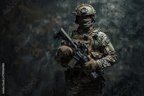 Special forces soldier with assault rifle against dark gray wall, tactical readiness