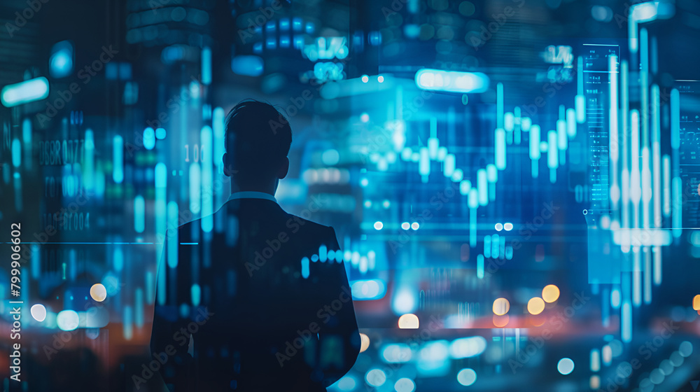 Businessman looking at the stock exchange on the trading graph background ,Concept of analysis ,Double exposure, Computer monitor with stock market data on the background. 3d rendering
