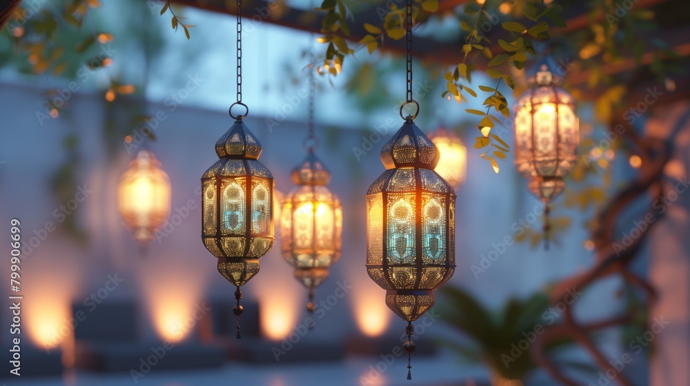 Obraz premium Traditional lanterns glowing beautifully at twilight, hanging amidst leaves on a serene evening.