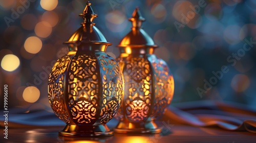 Elegant ornate lanterns casting beautiful patterns of light on a wooden surface, against a blurred bokeh background.