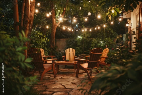 Simple patio furniture and string lights surrounded by greenery at night