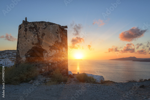 Fantastic view of Santorini sunset, scenic seascape with white architecture, ...