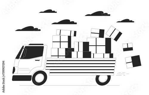 Losing packages while delivering black and white cartoon flat illustration. Boxes falling down from truck body 2D lineart object isolated. Negligence at shipping monochrome scene vector outline image