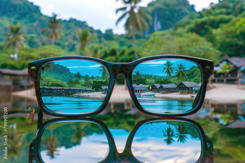 Sun glasses, palm trees and beach landscape with mock up for travel.