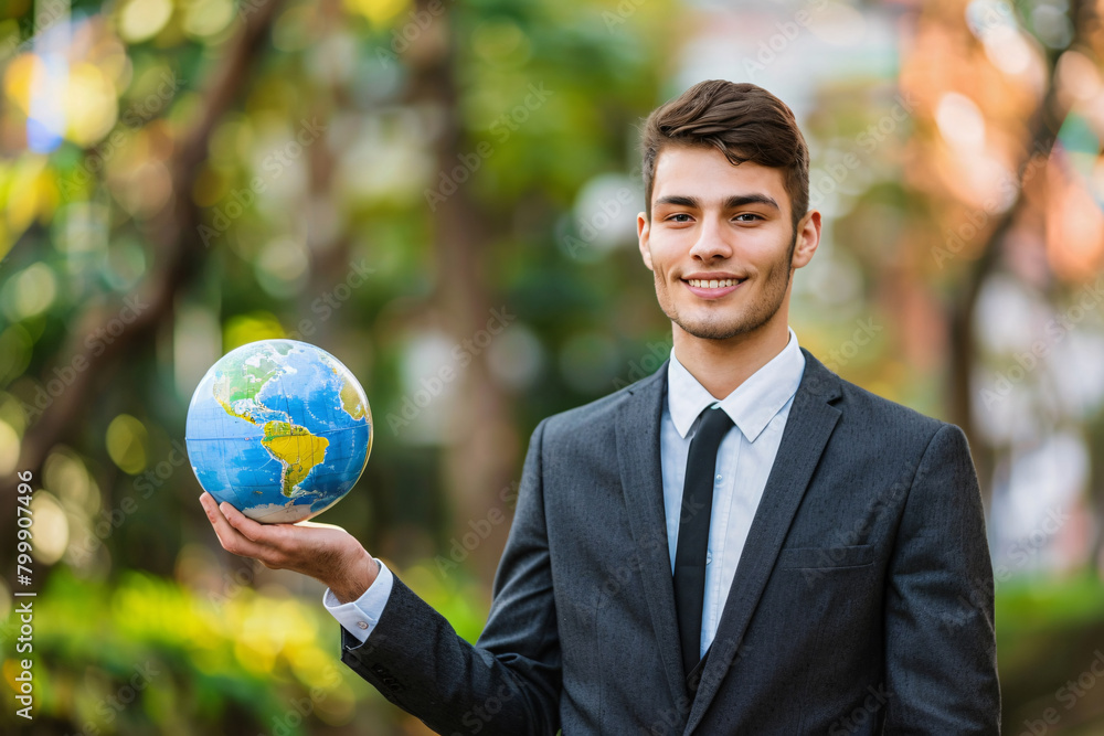 Young businessman is holding a globe in his hands, sustainability concept in business Young businessman is holding a globe in his hands, sustainability concept in business