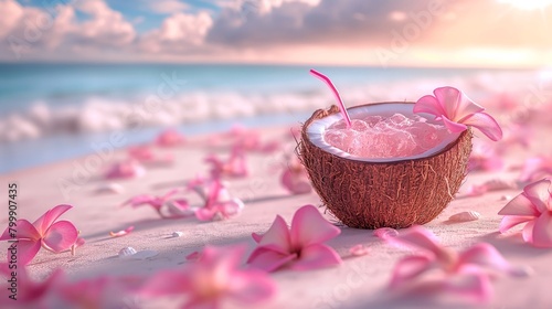 Coconut drink cocktail on a tropical pink beach, delicate summer banner