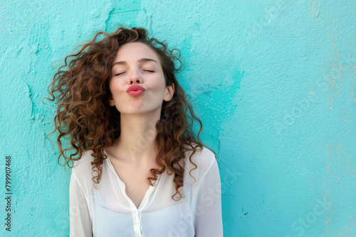 An attractive young woman blowing a kiss.