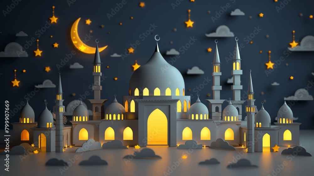 Stylized illustration of a mosque with illuminated windows under a starry sky with crescent moon and stars.