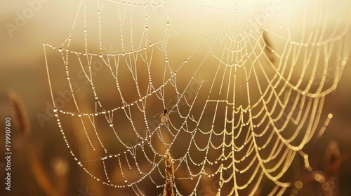 Dew on spider web with golden sunlight. © Julia Jones