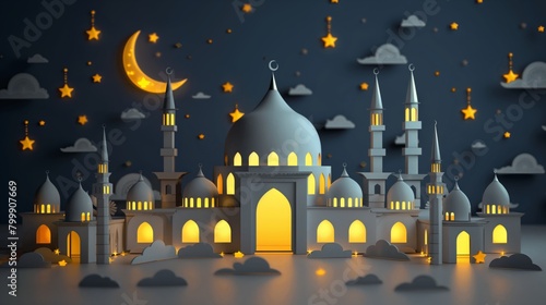 Stylized illustration of a mosque with illuminated windows under a starry sky with crescent moon and stars.