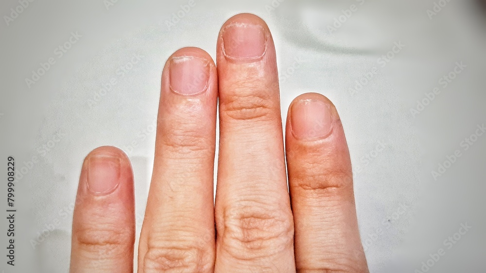 Soft Focus of a Palm With Four Fingers Pointing Up Close Up Photographed. With Asian Yellow Skin Texture and Healthy Nails but Jagged or Uneven. Object In Front Of White Background. Health and Hygiene Soft Focus of a Palm With Four Fingers Pointing Up Close Up Photographed. With Asian Yellow Skin Texture and Healthy Nails but Jagged or Uneven. Object In Front Of White Background. Health and Hygiene