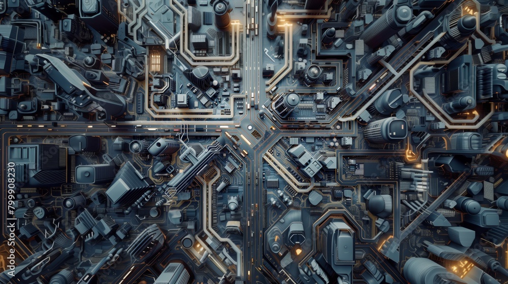 Complex visualization of a futuristic circuit board city with glowing elements and intricate design.