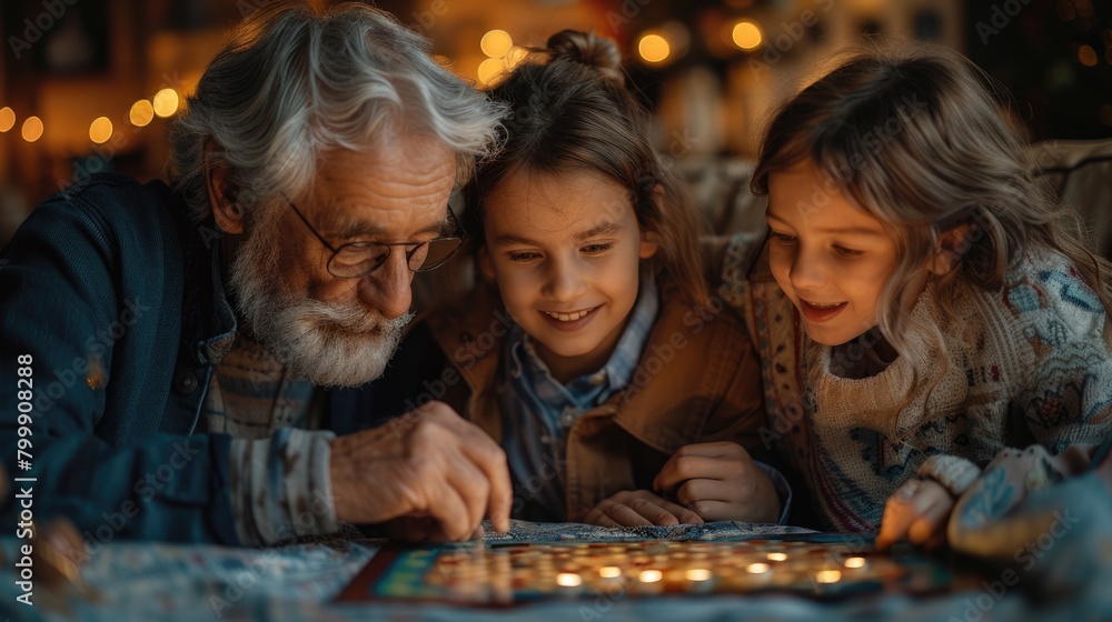 Multigenerational family playing a board game together.