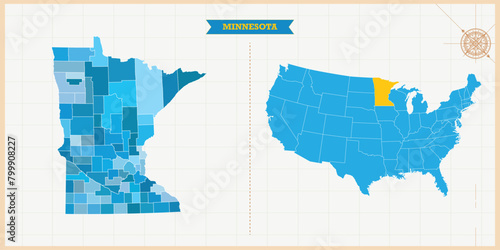 A Map highlighting Minnesota in the USA Map, Minnesota and USA modern map with Colorful Hi detailed Vector, geographical borders