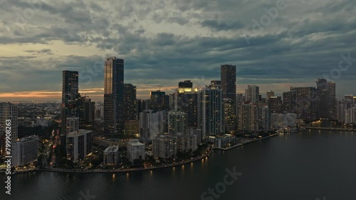 Wallpaper Mural Aerial cinematic view of Miami Brickell downtown skyline at sunset. Aerial panoramic view of Miami modern skyscraper, hotels and residential buildings on a beautiful sunset. Miami Florida in 4K  Torontodigital.ca
