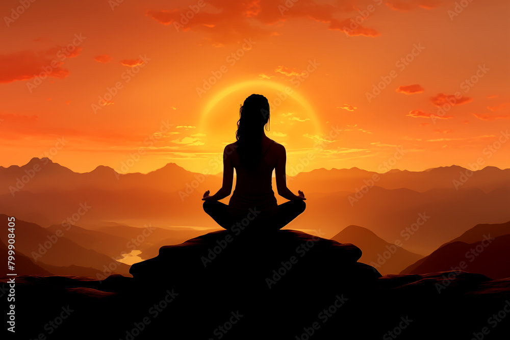Silhouette of a woman in the lotus position meditating at sunset in the mountains.