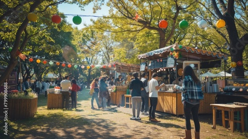 Fototapeta Naklejka Na Ścianę i Meble -  Outdoor food market with colorful lanterns and bustling crowd.
