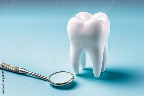 Realistic model of a healthy tooth and dental mirror