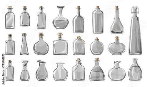 Flat Glass Bottles Set. Cartoon color flasks vesselss Isolated Vector Symbols Collection. Empty Glass Bottle Design Elements