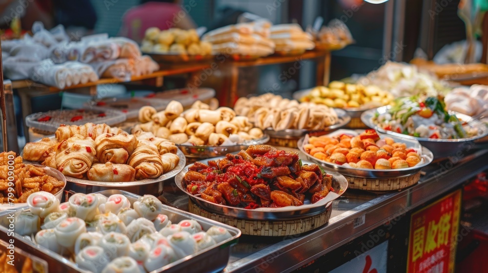Assorted Asian Street Food Delicacies at a Market Stall