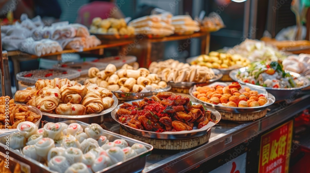 Assorted Asian Street Food Delicacies at a Market Stall Assorted Asian Street Food Delicacies at a Market Stall
