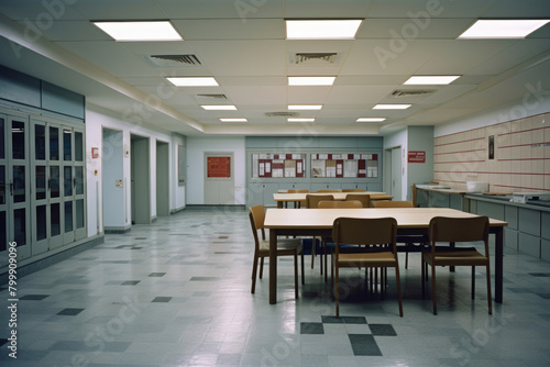 Spacious Empty Break Room with Glossy Floors and Orange Accents