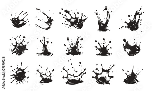 Ink Drops and Splashes engraved Icons Vector Set on White Background. Black plash Etching Abstract Artistic Design Elements for Graphic Projects and Creativity © LadadikArt