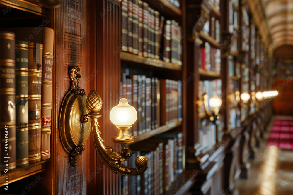 Italian sconces in a library corner enhancing the harmony between books and architectural aesthetics.