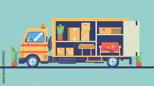 Colorful illustration of an open moving truck fully loaded with household items and boxes. © Natalia