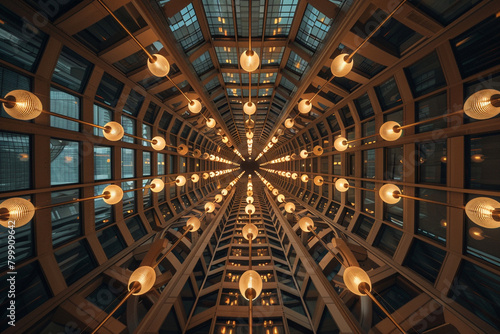 Looking up at a complex arrangement of Italian lights in a conference center's ceiling.